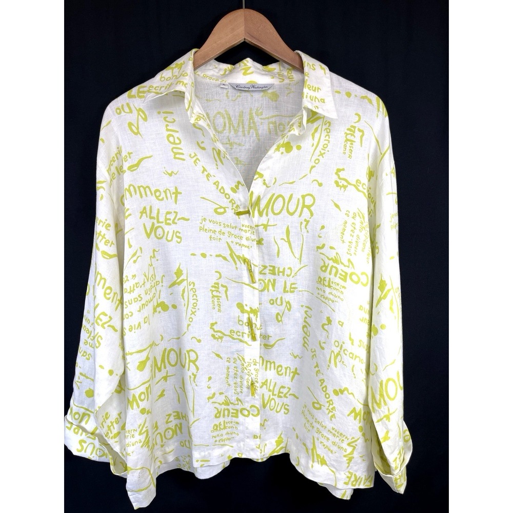Courtney Washington Linen Shirt XL French Script Lime Green Top Lagenlook USA